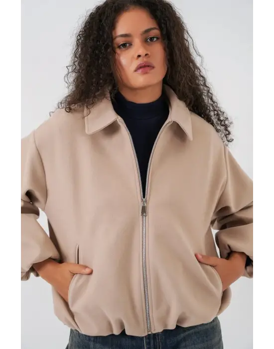 Büzgülü Oversize Kaşe Ceket 0728 - Bej