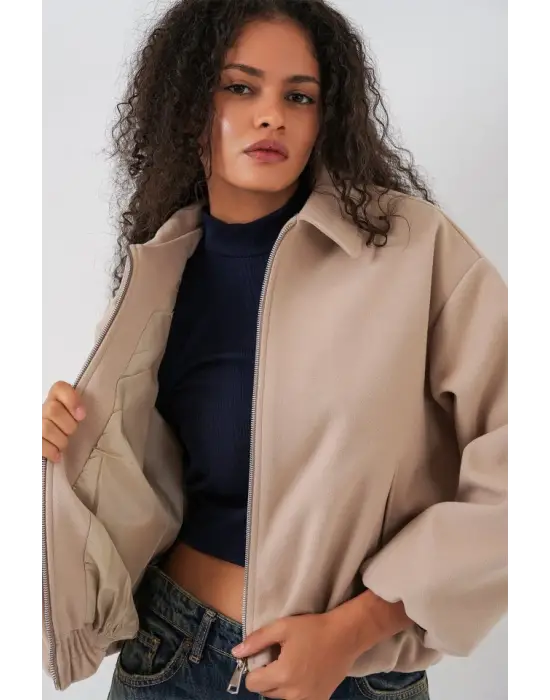 Büzgülü Oversize Kaşe Ceket 0728 - Bej