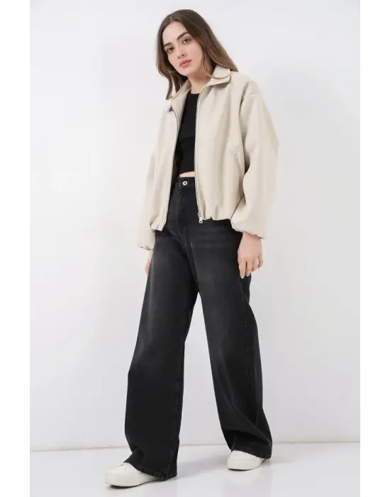 Büzgülü Oversize Kaşe Ceket 0728 - Ekru
