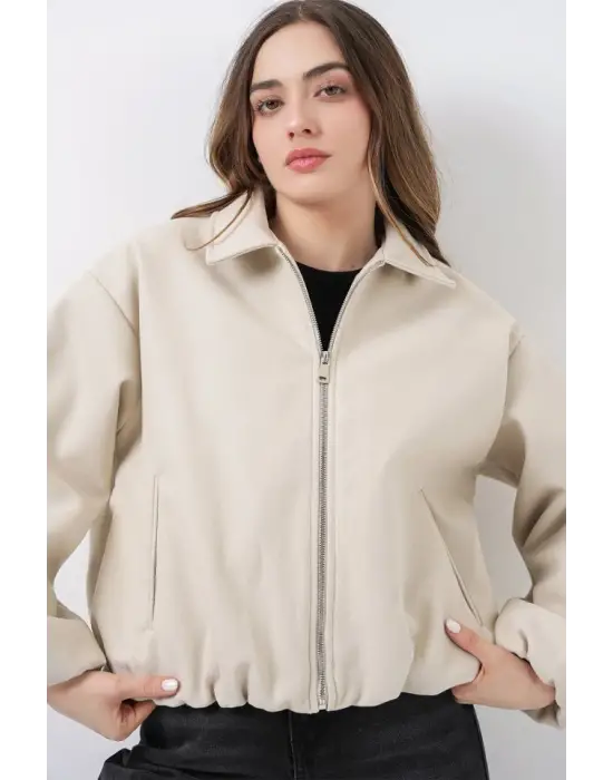 Büzgülü Oversize Kaşe Ceket 0728 - Ekru