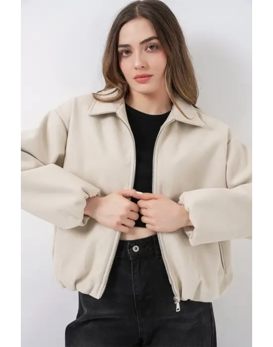 Büzgülü Oversize Kaşe Ceket 0728 - Ekru