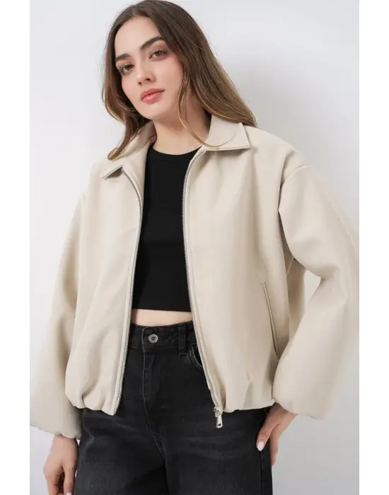Büzgülü Oversize Kaşe Ceket 0728 - Ekru