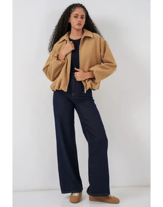 Büzgülü Oversize Kaşe Ceket 0728 - Hardal