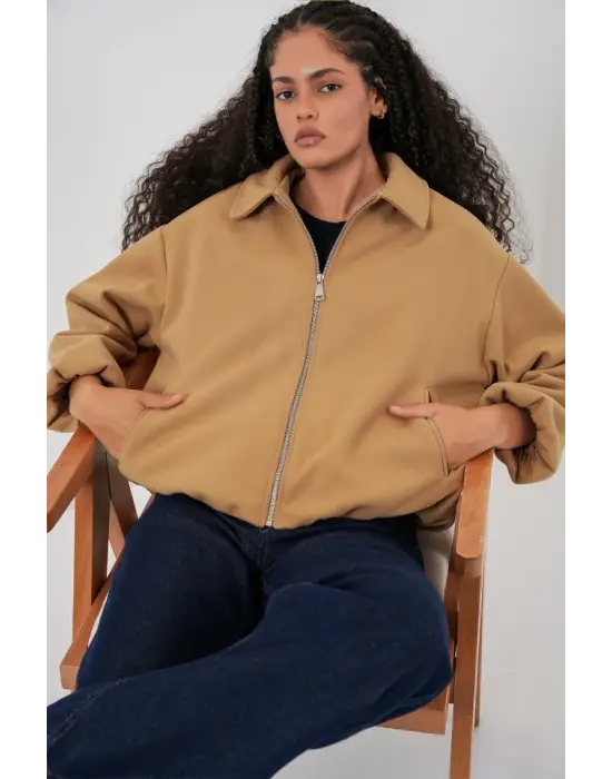Büzgülü Oversize Kaşe Ceket 0728 - Hardal