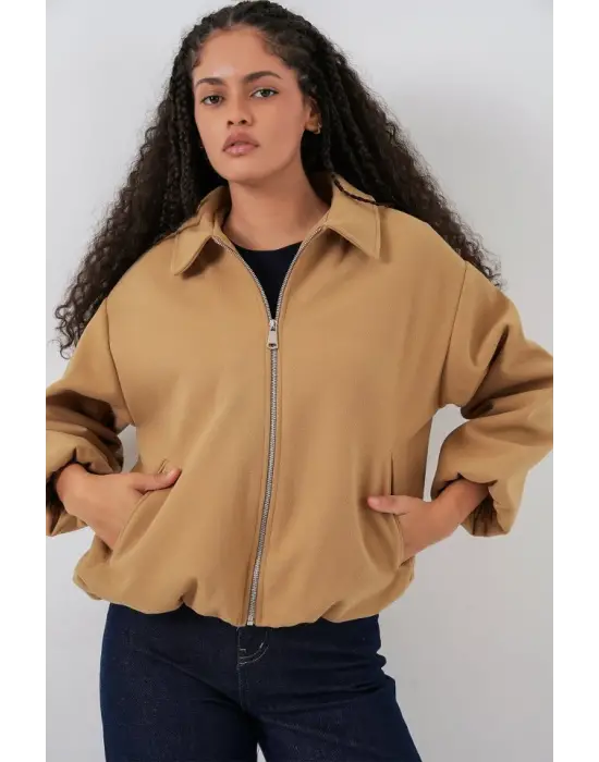 Büzgülü Oversize Kaşe Ceket 0728 - Hardal