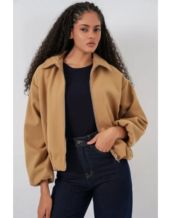 Büzgülü Oversize Kaşe Ceket 0728 - Hardal