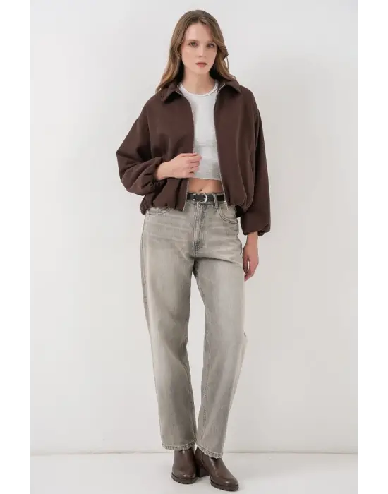 Büzgülü Oversize Kaşe Ceket 0728 - Kahverengi