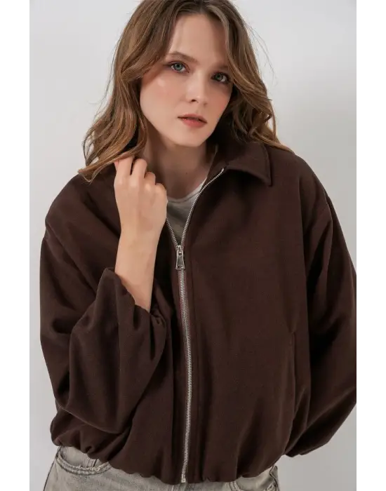 Büzgülü Oversize Kaşe Ceket 0728 - Kahverengi