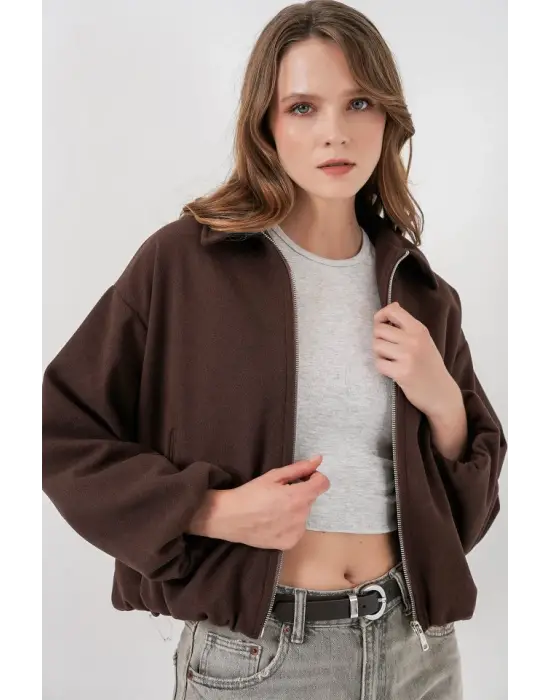 Büzgülü Oversize Kaşe Ceket 0728 - Kahverengi