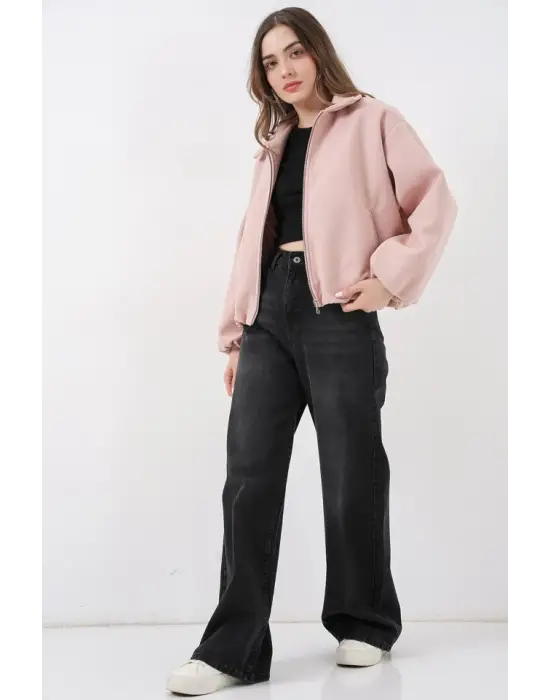 Büzgülü Oversize Kaşe Ceket 0728 - Pudra