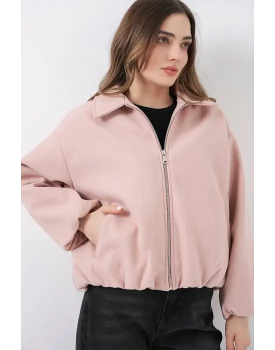 Büzgülü Oversize Kaşe Ceket 0728 - Pudra