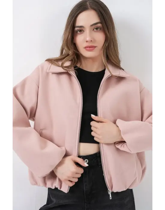 Büzgülü Oversize Kaşe Ceket 0728 - Pudra