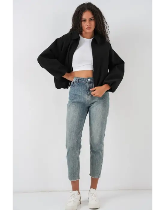 Büzgülü Oversize Kaşe Ceket 0728 - Siyah