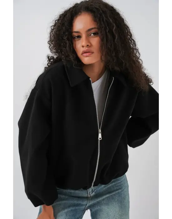 Büzgülü Oversize Kaşe Ceket 0728 - Siyah