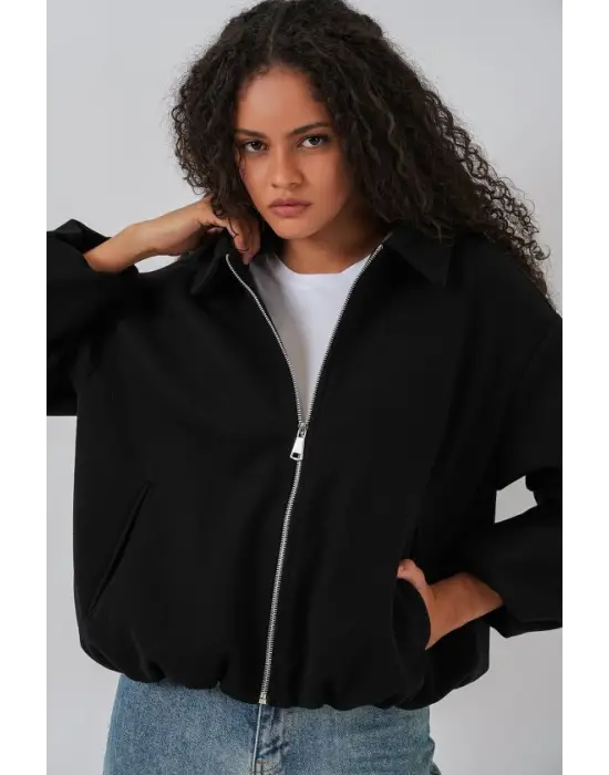 Büzgülü Oversize Kaşe Ceket 0728 - Siyah