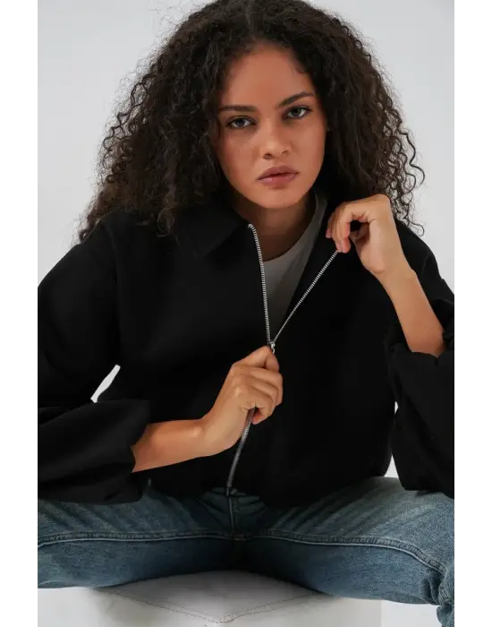 Büzgülü Oversize Kaşe Ceket 0728 - Siyah