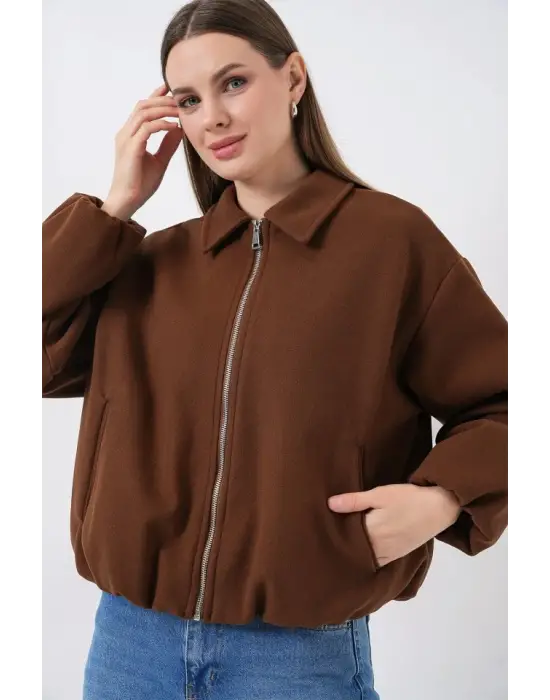 Büzgülü Oversize Kaşe Ceket 0728 - Sütlü Kahve