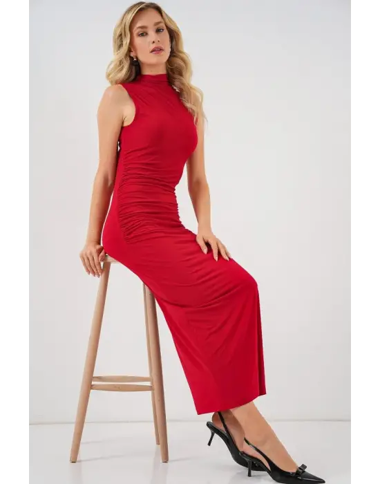 Büzgülü Sıfır Kol Drapeli Elbise 2579 - Kırmızı