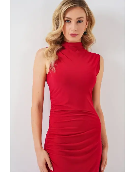 Büzgülü Sıfır Kol Drapeli Elbise 2579 - Kırmızı