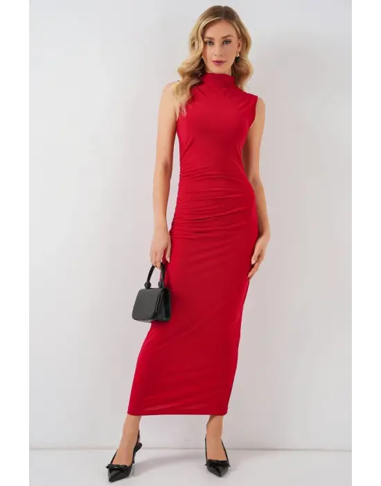 Büzgülü Sıfır Kol Drapeli Elbise 2579 - Kırmızı
