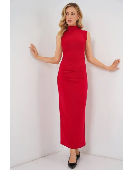 Büzgülü Sıfır Kol Drapeli Elbise 2579 - Kırmızı