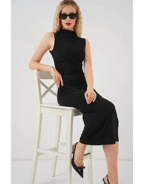 Büzgülü Sıfır Kol Drapeli Elbise 2579 - Siyah