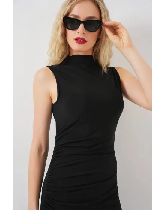 Büzgülü Sıfır Kol Drapeli Elbise 2579 - Siyah