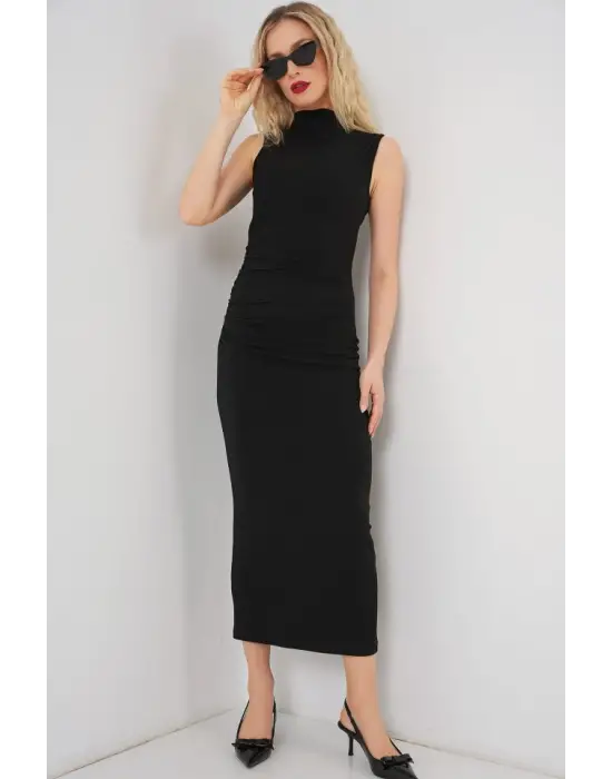 Büzgülü Sıfır Kol Drapeli Elbise 2579 - Siyah