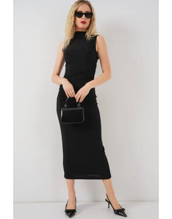 Büzgülü Sıfır Kol Drapeli Elbise 2579 - Siyah