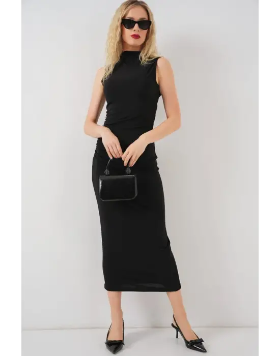 Büzgülü Sıfır Kol Drapeli Elbise 2579 - Siyah