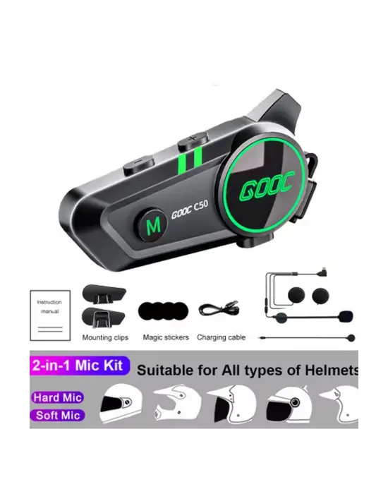 C50 2x Motosiklet Intercom Kask Kulaklık 1000 Mah Rgb Işıklı Çift Eşleşme