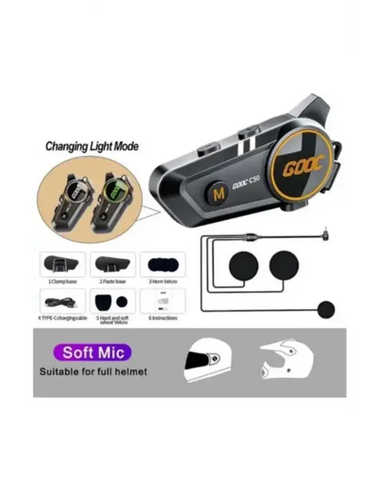 C50 Motosiklet Intercom Kask Kulaklık 1000 Mah Rgb Işıklı Bluetooth Kulaklık Ip67