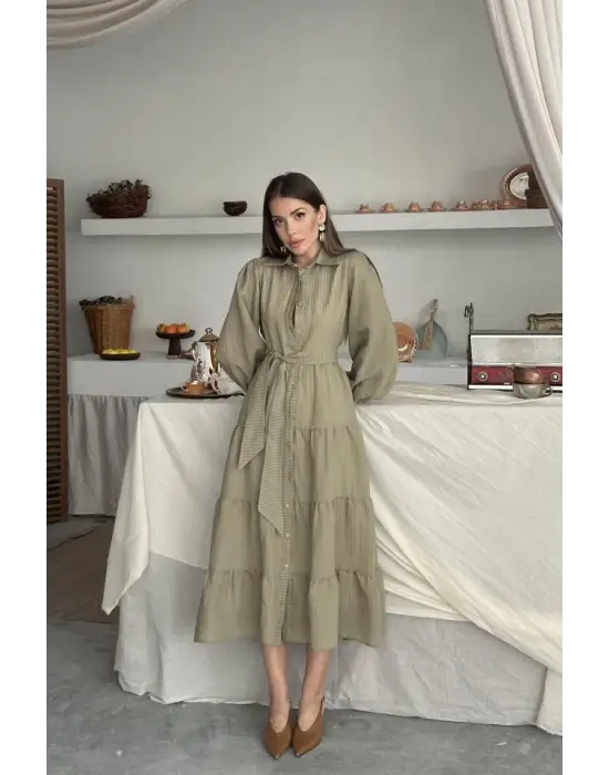 Omarı Çağla Desenli Uzun Elbise Trendi