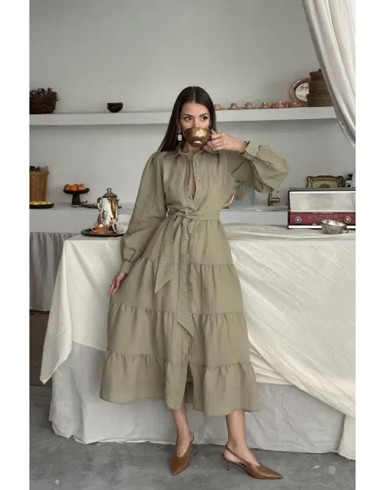 Omarı Çağla Desenli Uzun Elbise Trendi