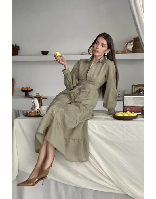 Omarı Çağla Desenli Uzun Elbise Trendi