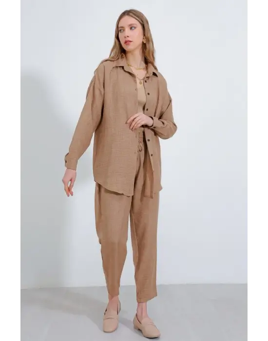 Camel Oversize Keten Alt Üst Takım 6622