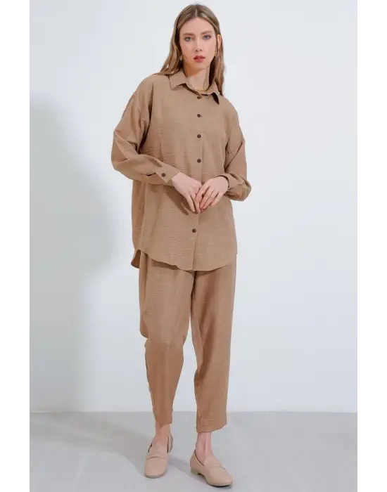 Camel Oversize Keten Alt Üst Takım 6622