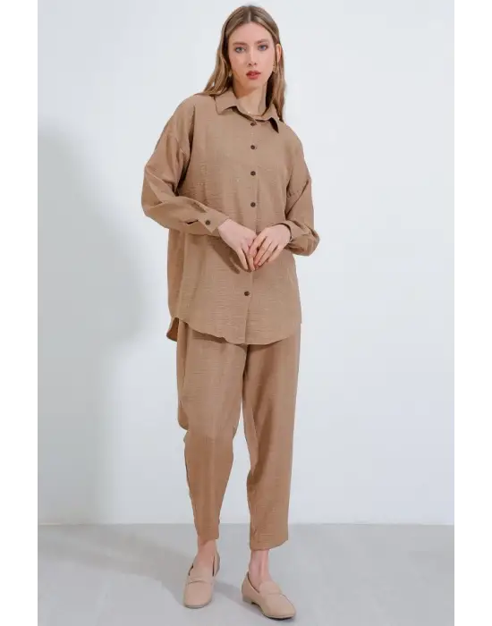Camel Oversize Keten Alt Üst Takım 6622