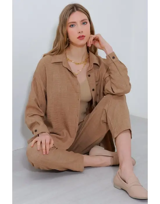 Camel Oversize Keten Alt Üst Takım 6622