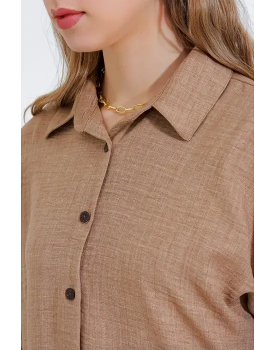 Camel Oversize Keten Alt Üst Takım 6622