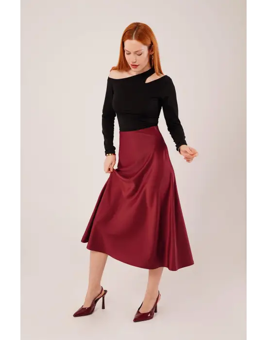 Çan Kesim Midi Bordo Saten Etek