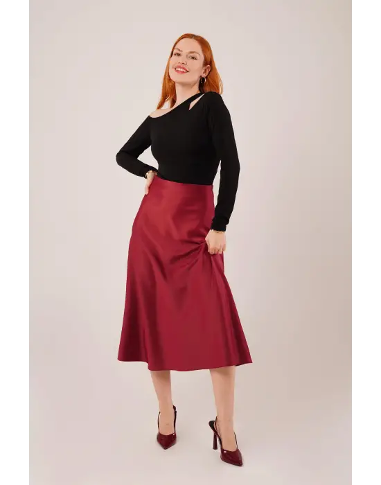 Çan Kesim Midi Bordo Saten Etek