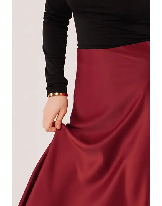 Çan Kesim Midi Bordo Saten Etek