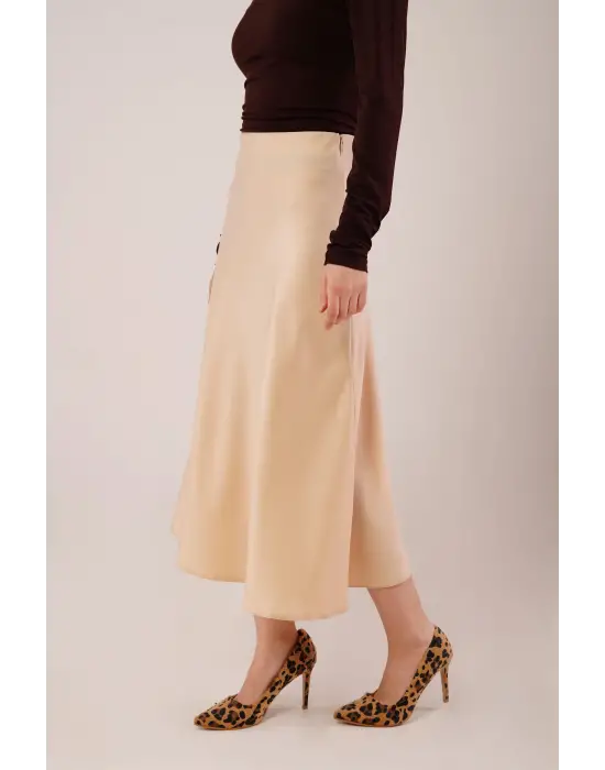 Çan Kesim Midi Krem Saten Etek
