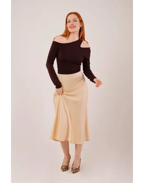 Çan Kesim Midi Krem Saten Etek