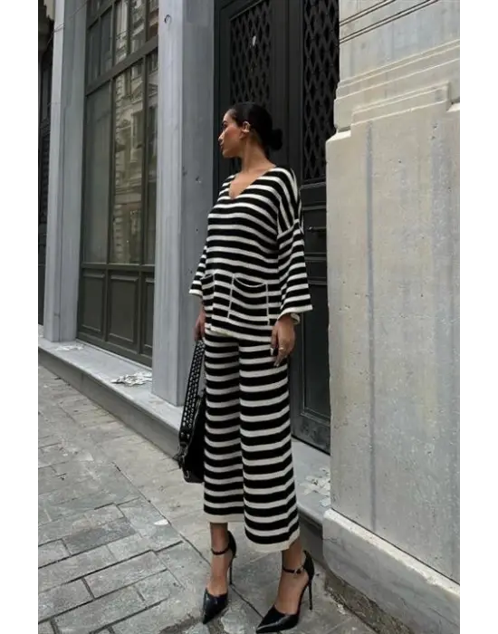 Omarı Çizgili Straight Fit Pantolon Takım