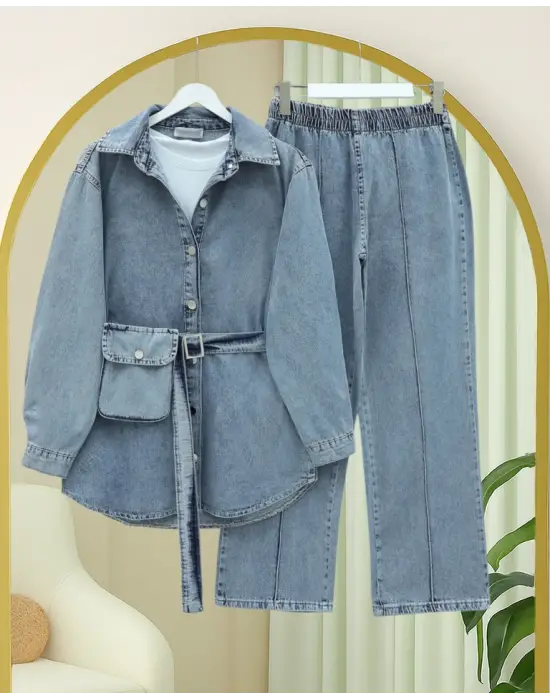 Çanta Cepli Çimalı Pantolonlu Kot Takım -Mavi