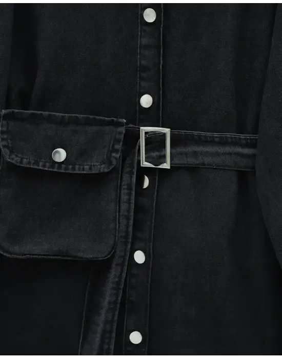 Çanta Cepli Çimalı Pantolonlu Kot Takım -Siyah