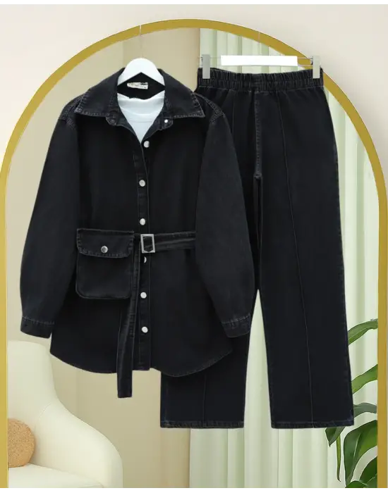 Çanta Cepli Çimalı Pantolonlu Kot Takım -Siyah