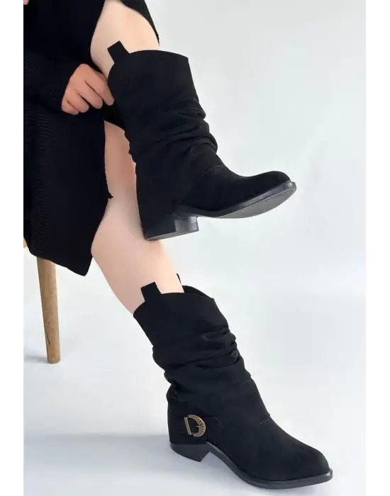 Canty Siyah Süet Körüklü Topuklu Çizme